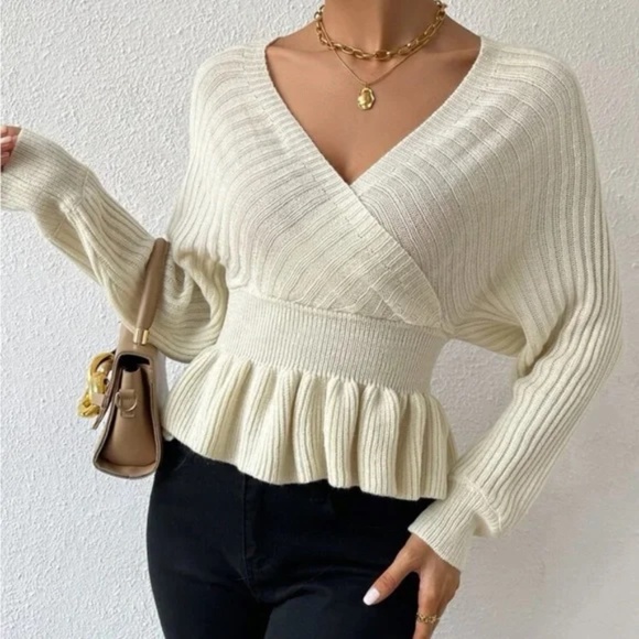 Cozy Ribbed Batwing Peplum Ruffle Sweater Top - Picture 14 of 14